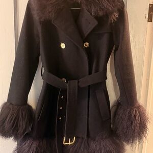 Michael Kors Navy Blue Pea Coat with Fur Trim and Gold Accents